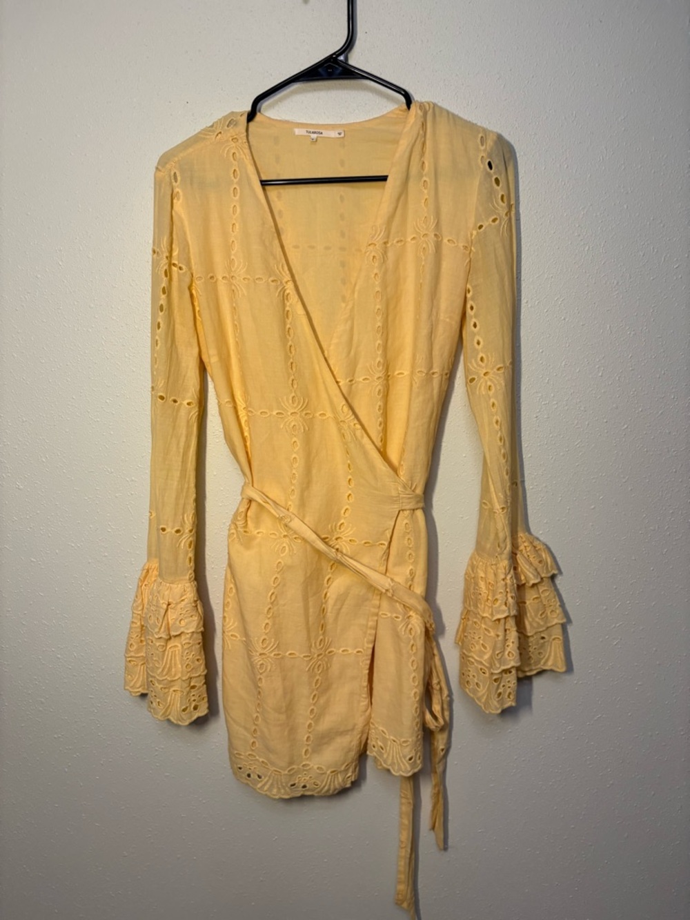 Tularosa Sunflower Yellow Eyelet Wrap Mini Dress
